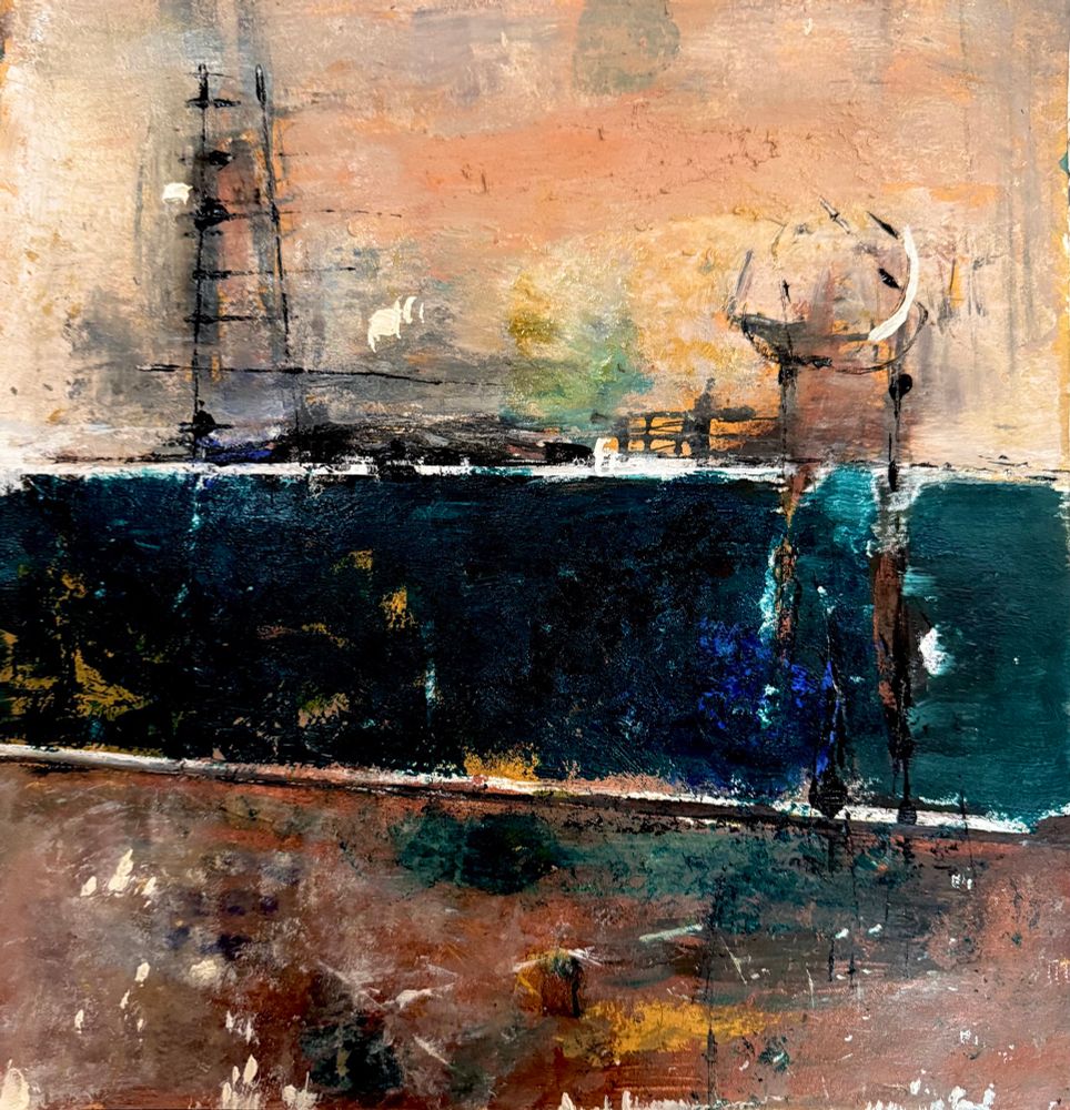 Acrylic and ink painting. Expressive landscape painting of a reservoir on a misty day on a Yorkshire moor.
