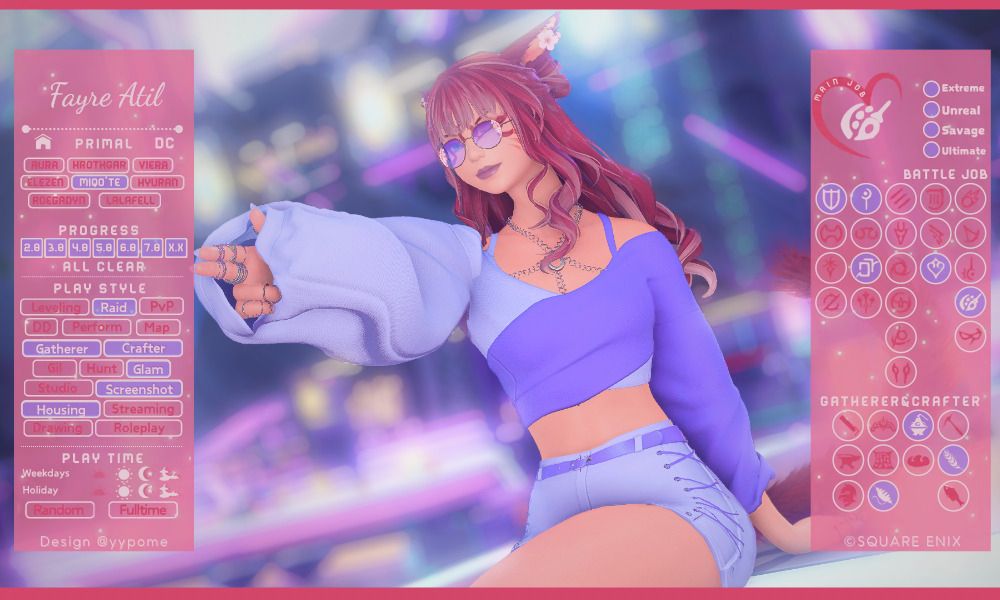 a character card for my WoL, Fayre Atil.
information on the card:
Primal DC
Progress All Clear
Play Style: Raid, Gatherer, Crafter, Glam, Screenshot, Housing
Play Time: Afternoon, Evening, Late Night
Difficulty: Extreme, Unreal, Savage, Ultimate
Main Job: PCT
Battle Jobs: PLD, WHM, AST, DNC, PCT
Gatherer/Crafter: WVR, ALC, BTN
