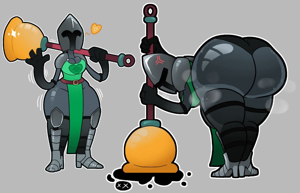 Two illustrations of Bell from Pebbles' Quest; a tall, helmeted, wide-hipped healer carrying a large bell.

Left image shows her standing with her bell slung over one shoulder, waving happily.

Right image shows her bent over to angrily squish an inky black creature with her bell, her large, sweaty butt pointed towards the viewer.