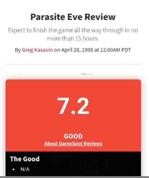 a snip of the original gamespot review for parasite eve, giving the game a 7.2