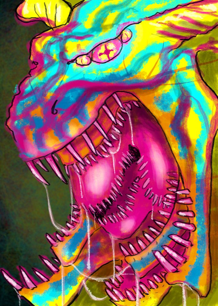 abba-surin, greatest of the devouring beasts, shown in profile. it is a vaguely draconic being with a cavalcade of nested mandibles, for all it knows is a hunger beyond hunger. it also has three eyes in each socket, and horns. it is depicted in a filthy yellow-blue with extensive pinks for internals and vital fluids, though its saliva is variably yellowish or white.