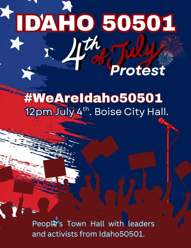 Join us after the Boise 4th of July Parade—starting at noon at City Hall—for a Citizens Town Hall hosted by Idaho 50501. We’re collecting testimony, taking questions, and gathering your concerns in a Community Book we’ll hand-deliver to Idaho’s Senators and Representatives. This is your chance to be heard—and help shape what comes next.
