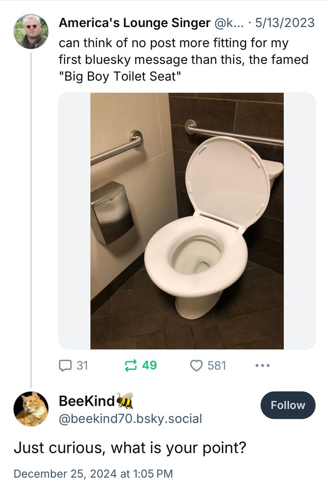Someone asking me what is the point of my "big toilet seat" picture