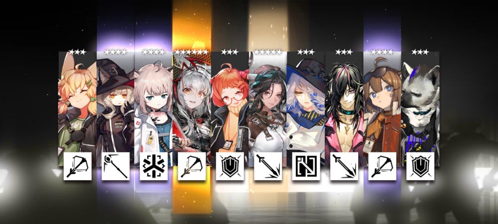 Arknights 10 pull results on the Our Kind banner. Wind Chimes shows up as off-rate ://