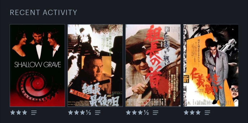 Letterboxd recent activity log with ratings:

Shallow Grave (1994) 3 stars
New Battles Without Honor and Humanity: Last Days of the Boss (1976) 3 1/2 stars
New Battles Without Honor and Humanity: The Boss's Head (1975) 3 1/2 stars
New Battles Without Honor and Humanity (1974) 3 stars