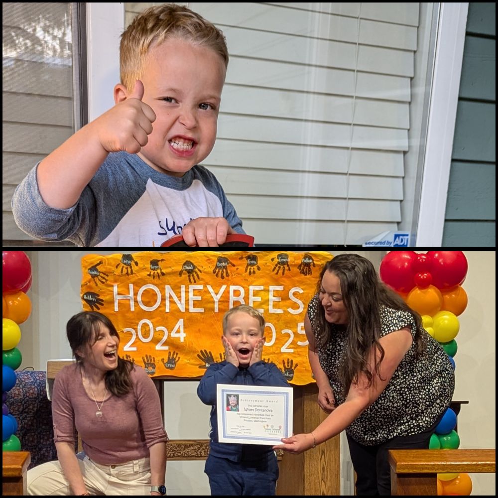 A grid shows a picture of a boy giving thumbs up on the first day of school on top. Below it is a picture of the boy holding his hands to his shocked face as his teachers laugh at a graduation celebration.