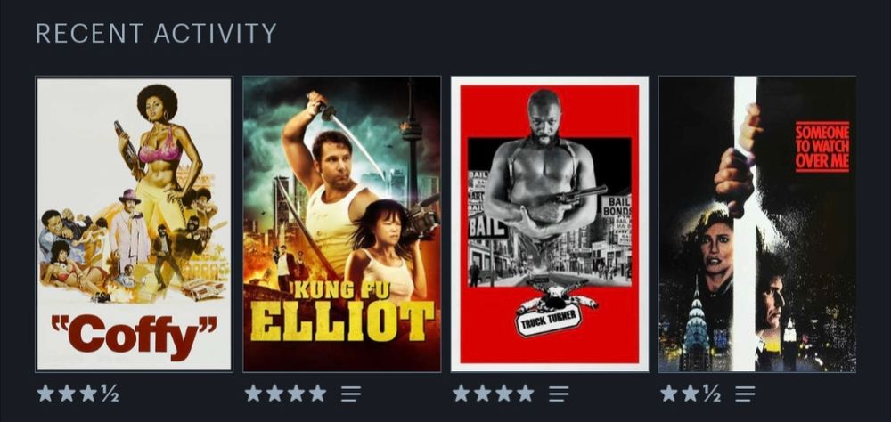 Letterboxd Recent Activity with ratings:

Coffy (1973) 3 1/2 star
Kung Fu Elliot (2014) 4 stars
Truck Turner (1974) 4 stars
Someone to Watch Over Me (1987) 2 1/2 stars