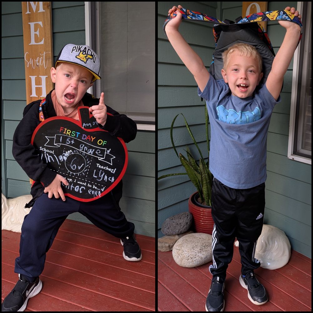 A grid shows a picture of a boy holding up one finger on the first day of school on the left. Next to it is a picture of the boy holding his backpack above his head on the last day of school.