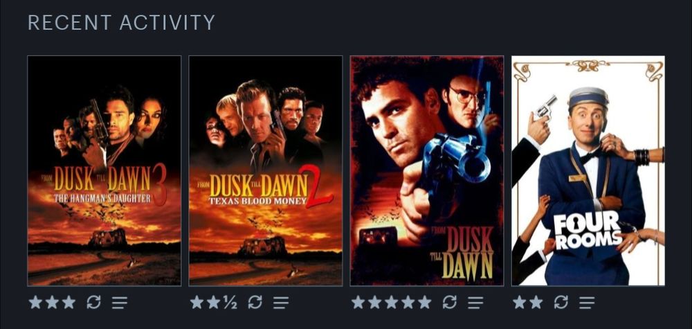 Letterboxd recent activity log with ratings:

From Dusk Till Dawn 3: The Hangman's Daughter (1999) 3 stars
From Dusk Till Dawn 2: Texas Blood Money (1999) 2 1/2 stars
From Dusk Till Dawn (1996) 5 stars
Four Rooms (1995) 2 stars