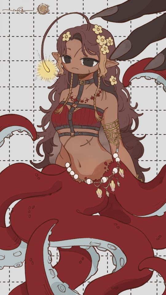 um polvo de cor vermelho escuro, pele negra, cabelo castanho comprido, flores na cabeça, top vermelho escuro, arranhões no corpo, olhos pretos vazios, bracelete dourado no braço, antena com luz saindo da cabeça e uma mão gigante de cor escura saindo do canto superior direito.