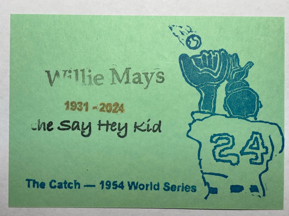 Handmade postcard honoring Willie Mays featuring a picture of his behind the back catch 