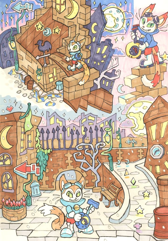 2 fineliner and marker illustrations of Blinx overlooking Time Square with the chewed up moon in the sky. The bottom Blinx is wonky looking.