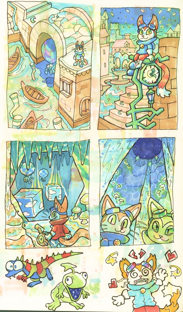 Fineliner and marker rough illustrations of Blinx in Deja Vu Canals, stood on a roof with a googly eyed balloon monster floating near him under a bridge, and then sitting on a lamp clock with a fountain in the distance. He's also in Hourglass caves smiling down at you, with his recorded self also smiling at you more ominously.
