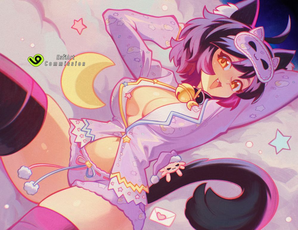 skeb-like illustration of vtuber Fleshy in a dreamy sleepy wear outfit, she's laying on clouds