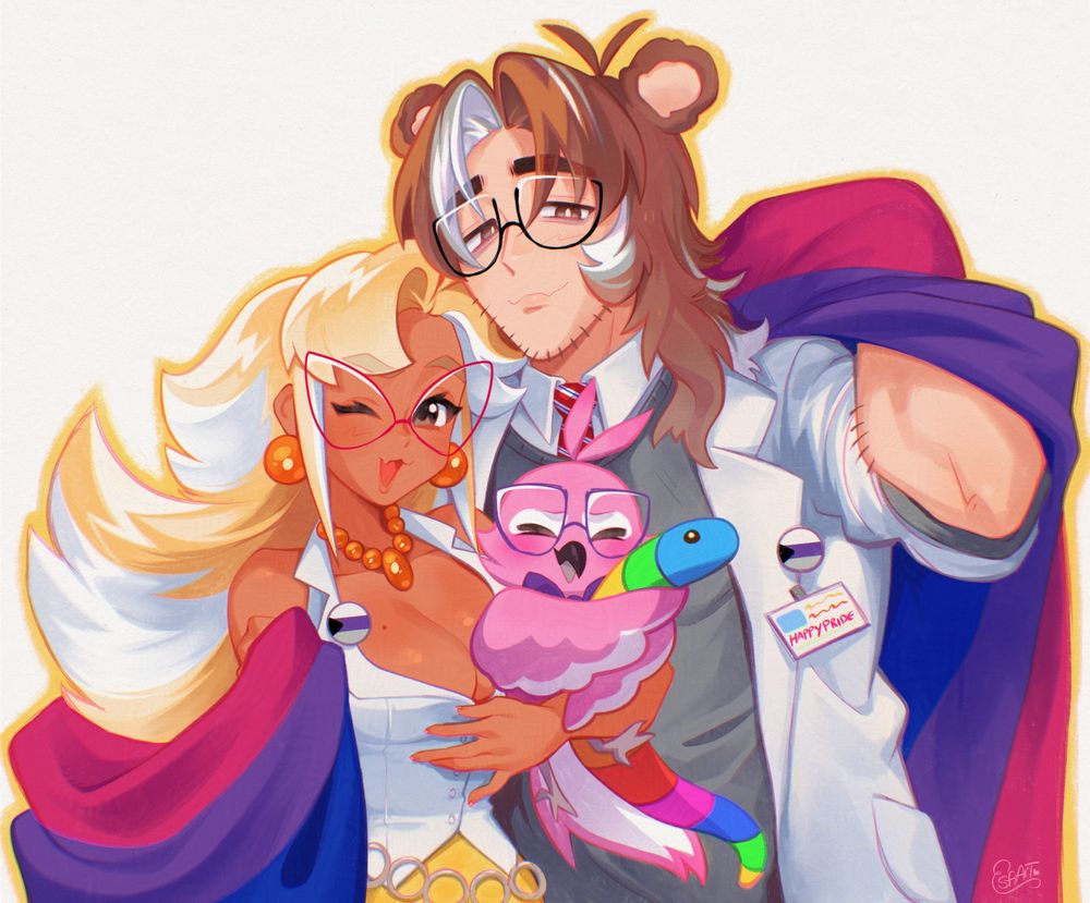 half-body illustration of my vtuber and @artmattgeddon's / mattdoes.art's vtuber, both holding the bisexual flag wrapped around them while wearing demisexual pins, my vtuber is also holding her mascot, Babito