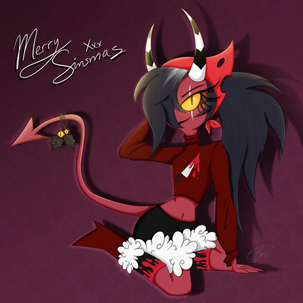 Fanart of the ‘impsona’ or demon form for Sallie May from the YouTube series Helluva Boss. She is sitting in a pinup/suggestive pose in front of a berry pink colored background in a red long sleeve holiday sweater and red boots topped with white fluff. The sweater is decorated with a bloody knife design. Sallie also has a hell inspired mistletoe hung from her tail. The art says “Merry Sinsmas” above it in cursive style. 