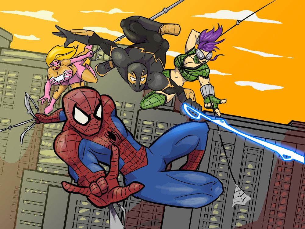 action shot of heroes Spider-Man, Lightning Man, Orb Weaver and SpiderBabe swinging above the city