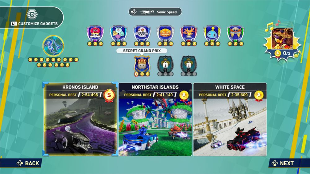 Time Trials screen in Sonic Racing Crossworlds Sonic Speed setting. All courses are A ranked except Kronos Island, which has S rank. Hooray.