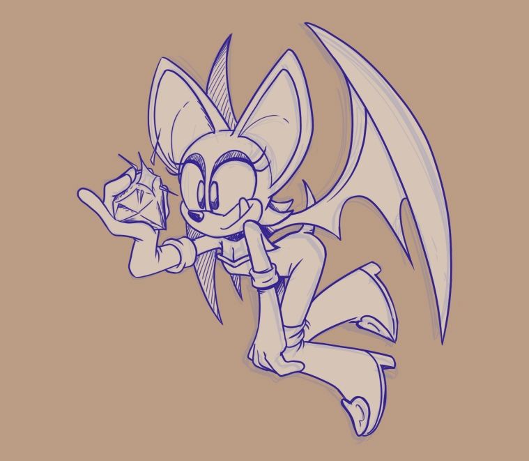 A sketch of Rouge the Bat from Sonic the Hedgehog flying and looking at a Chaos Emerald. Her hand is on her knee and she's staring intently. He tongue is out.

Her bat tiddy is more modest than usual. I apologize everyone.