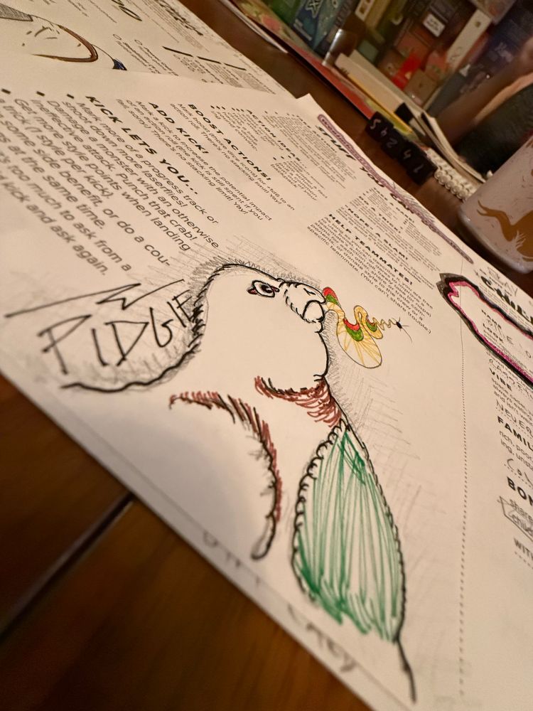 A close up picture of a Slugblaster character sheet with a cartoon pigeon on it