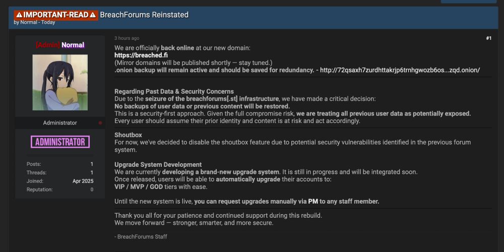 a screenshot from the now-revived BreachForums post, which now appears on a Finnish top-level domain.
