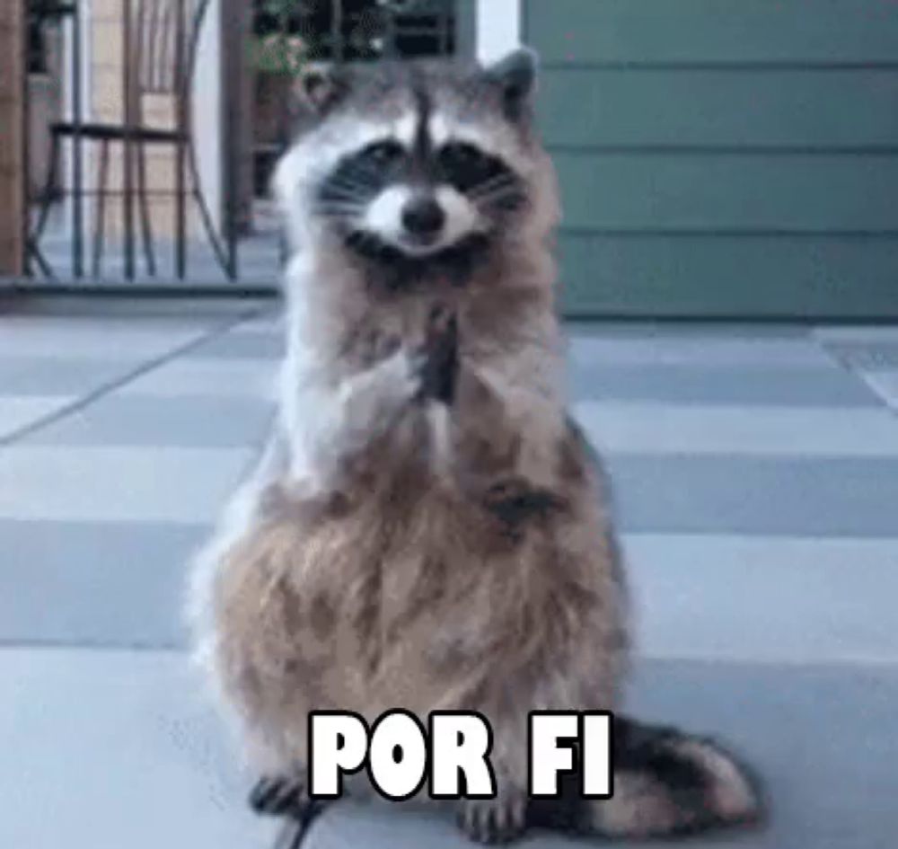 a raccoon is sitting on its hind legs on a tiled floor with the words por fi written on the bottom .