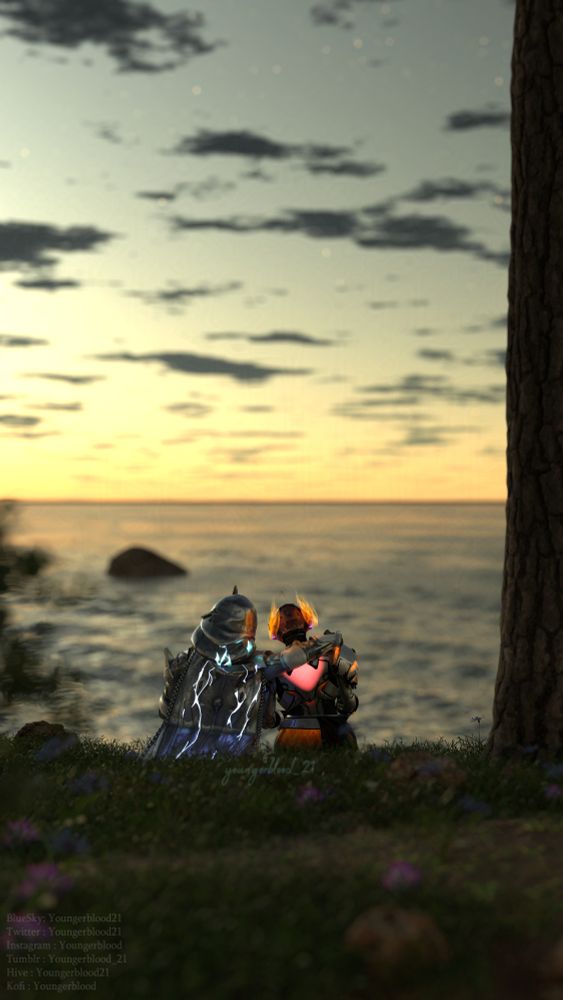 Two guardians resting on a cliff as they watch a peaceful sunset over the waves. 