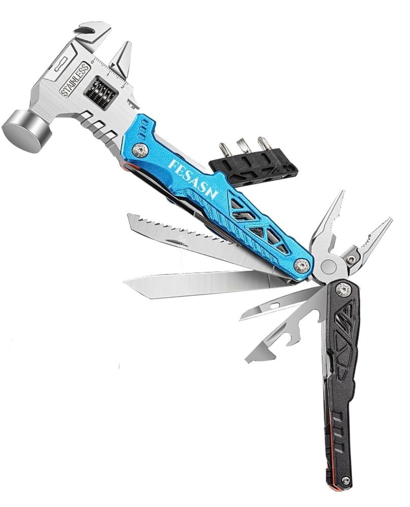 Photo of a real tool that has a hammer, calipers, saw, a knife, pliers, wire cutters, wire striped, another knife, a bottle opener, a can opener, and… a screwdriver.