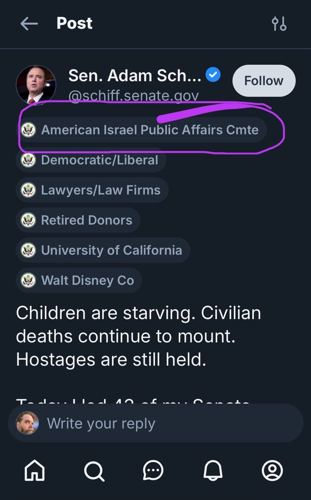 Screenshot of Senator Adam Schiff’s post with a list of donors. Circled in purple is the “American Israel Public Affairs Committee”.
