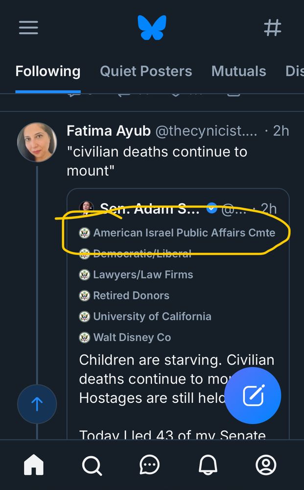 Screenshot of a Fatima Ayub’s post showing that Sen Adam Smith receives political donations from “American Israel Public Affair Committee” or AIPAC.
