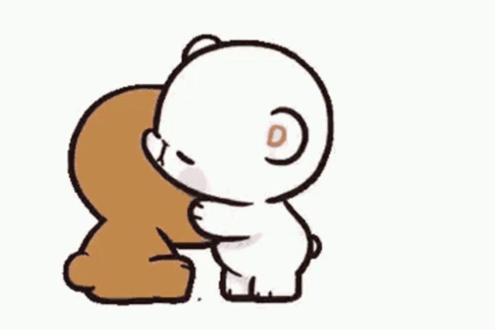 a brown and white teddy bear kissing each other on the cheek .