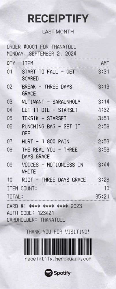 lista com as musicas que mais ouvi em agosto
Start to Fall - Get Scared
Break - Three Days Grace
wutiwant - saraunholy
Let It Die - Starset
Toksik - Starset
Punching Bag - Set It Off
Hurt - 1 800 pain
The Real You - Three Days Grace
Voices - Motionless in White
Riot - Three Days Grace