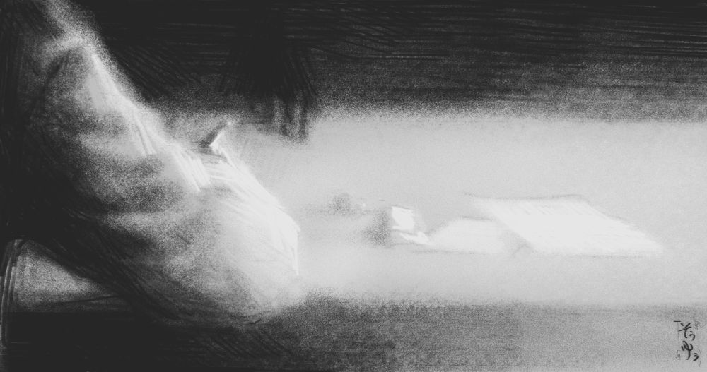 A person sitting at a desk, drawing or writing, with their backs turned to us. There are some crumpled pieces of paper to the right, on the tabletop, and we see a shadow hand looming closer toward the person from the darkness in front of the desk.