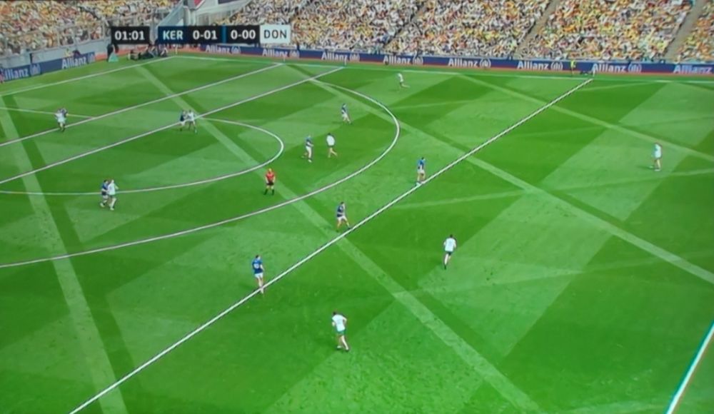 Unusual tartan-style diagonal design on the Croke Park pitch for the All Ireland Football Final between Donegal and Kerry 