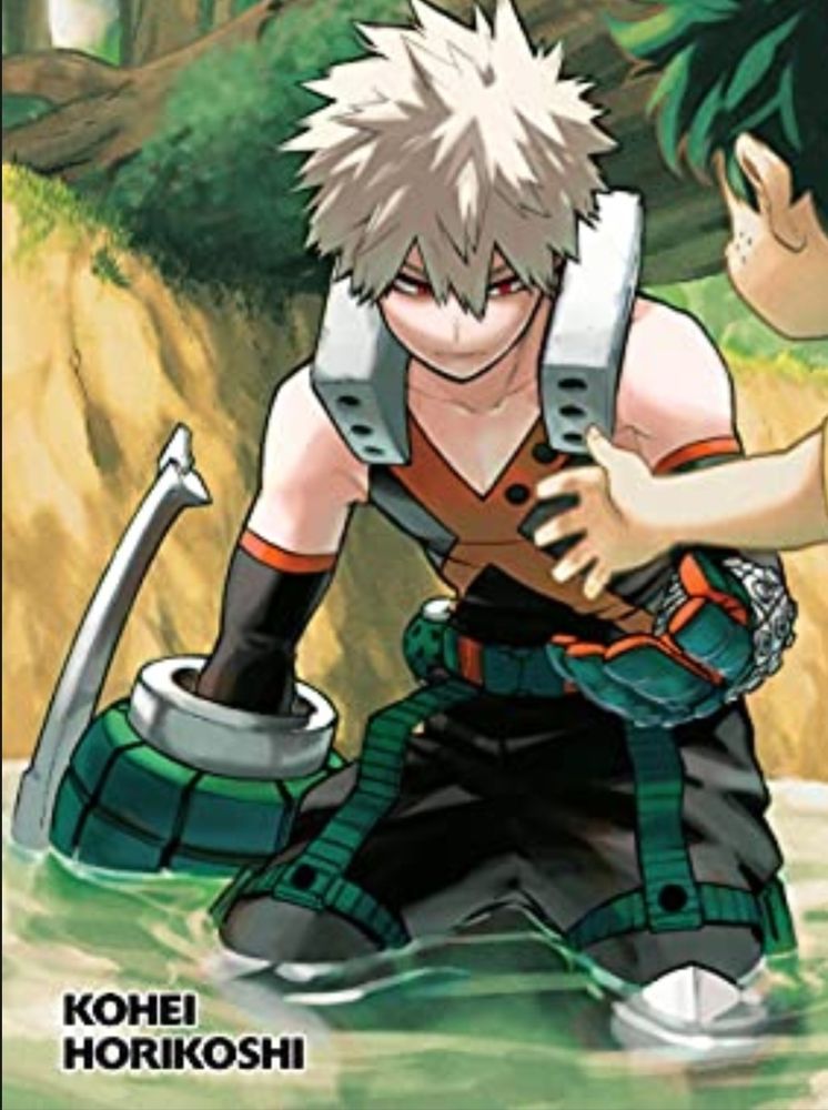 Bakugo Katsuki from My Hero Academia kneeling in a river as Midoriya Izuku reaches out to help him up. Bakugo is staring at the outstretched hand, considering taking it.