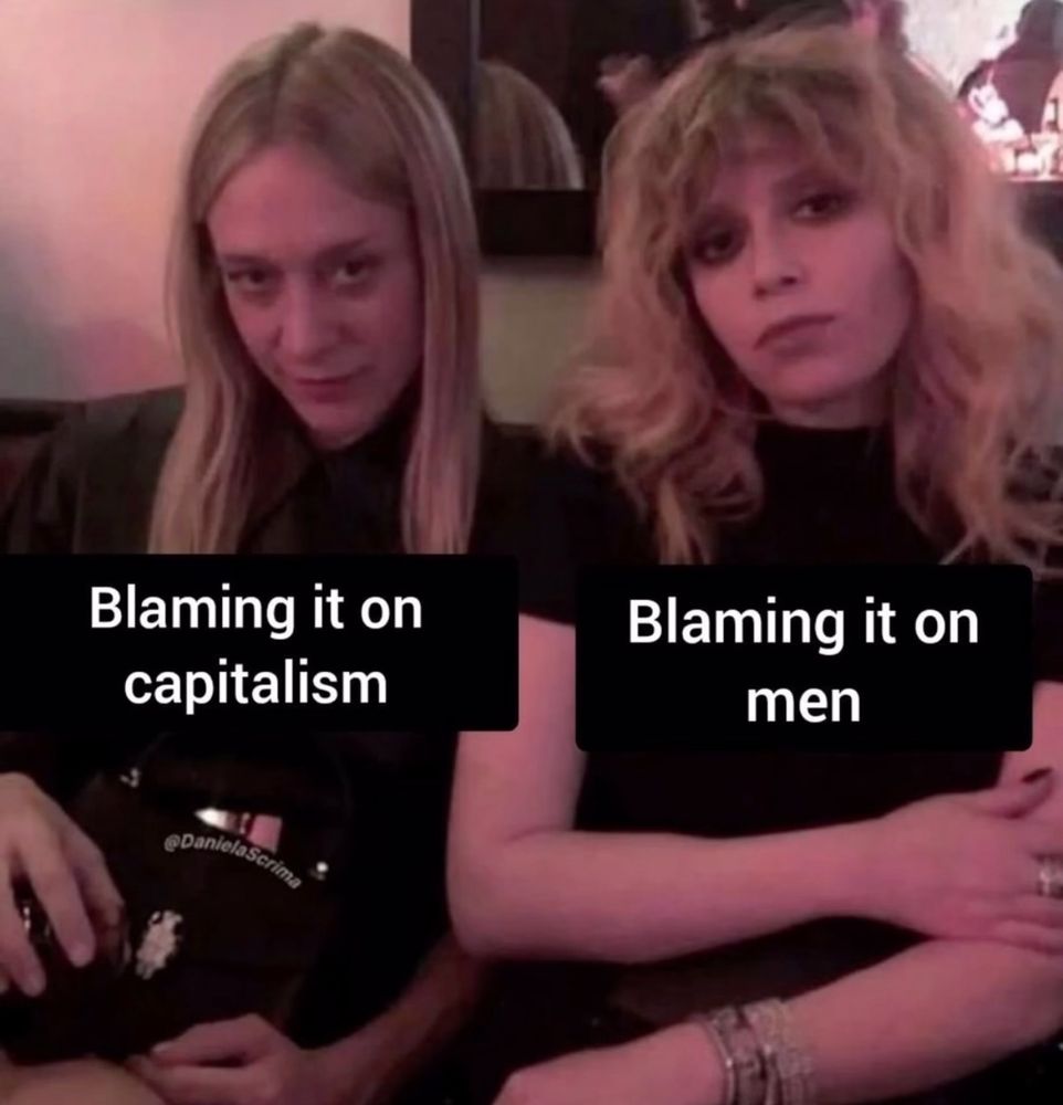 meme featuring a photo of Chloe Sevigny and Natasha Lyonne sitting together. the text over Chloe says “Blaming it on capitalism” and the text over Natasha says “Blaming it on me”