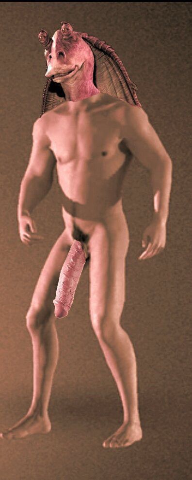 Jar jar head on a human body with a dong as long as his thigh about half as girthy 