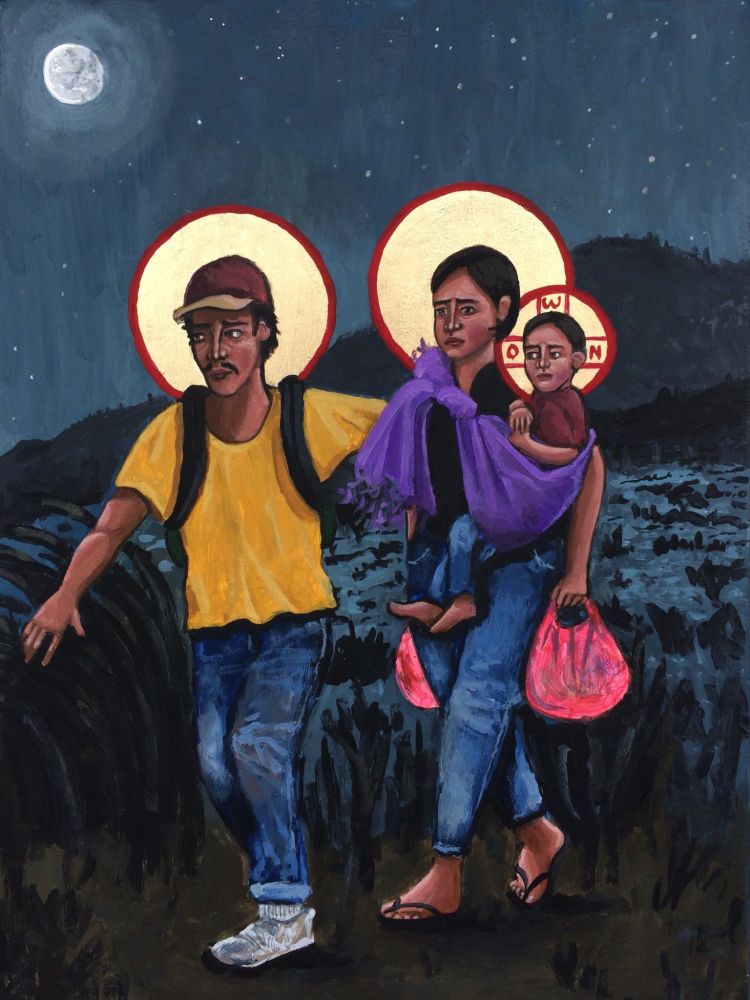 Portrait: icon of the Holy Family fleeing at night. They are depicted in modern clothing and have halos. Joseph (wearing a black backpack) leads the way, and just behind is Mary (with a red bag clutched in each hand), carrying Jesus in a purple sling. All three look afraid.