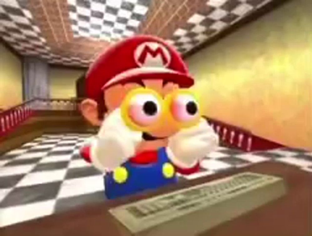 a cartoon of mario wearing glasses and a red hat is sitting at a table with a checkered floor .