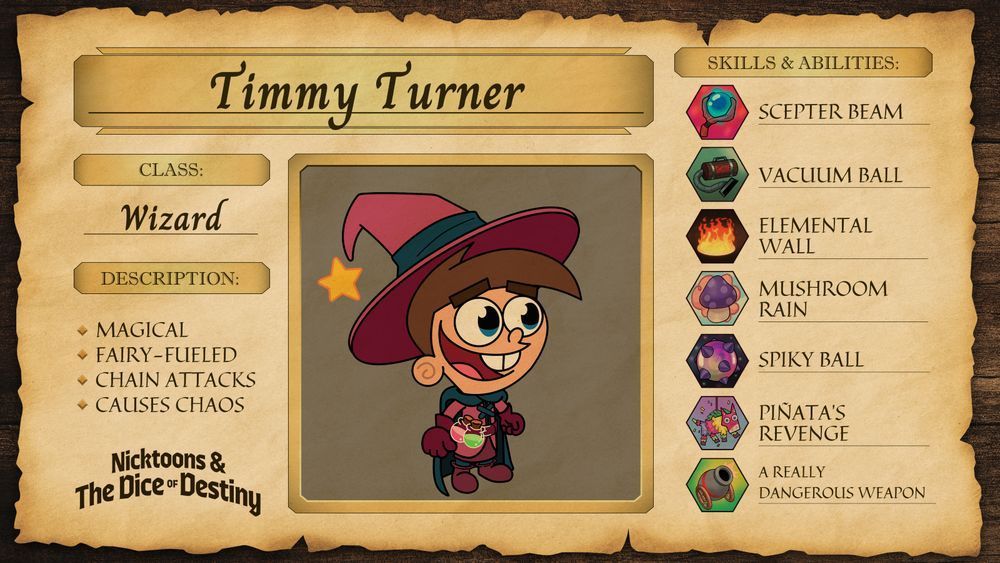 a character sheet for Timmy Turner in Nicktoons & The Dice of Destiny