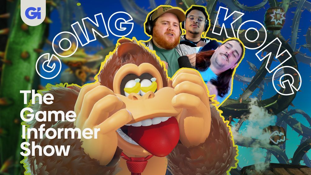 The Game Informer Show logo on top of an image of Donkey Kong in love with bananas in his eyes. Behind DK are the three podcast hosts (Alex, Charles, and Wesley) hitting their chests like Donkey Kong. There is text that says "Going Kong" 