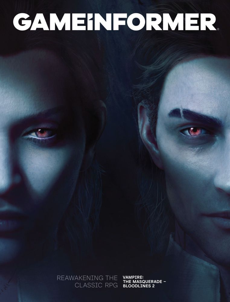 Game Informer's next cover, featuring Vampire: The Masquerade – Bloodlines 2. Two gray faces with red eyes stare at the viewer.