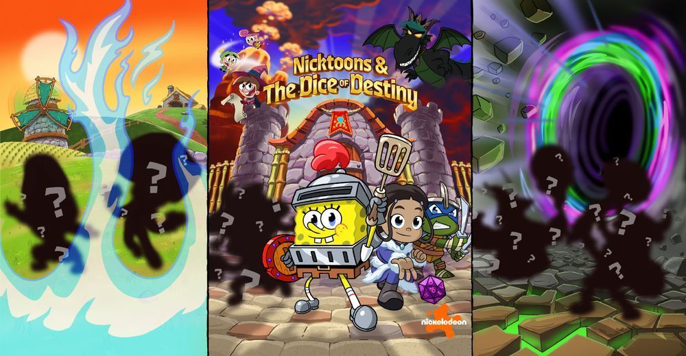 key art for Nicktoons & The Dice of Destiny featuring Spongebob SquarePants, Timmy Turner, and more alongside several silhouettes of characters not yet revealed. 