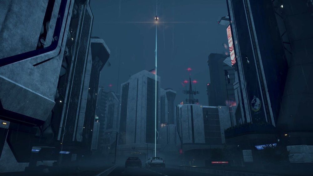 A screenshot from the latest Helldivers 2 Xbox trailer showing a Helldiver pod dropping into a dark, moody, and rainy city. 