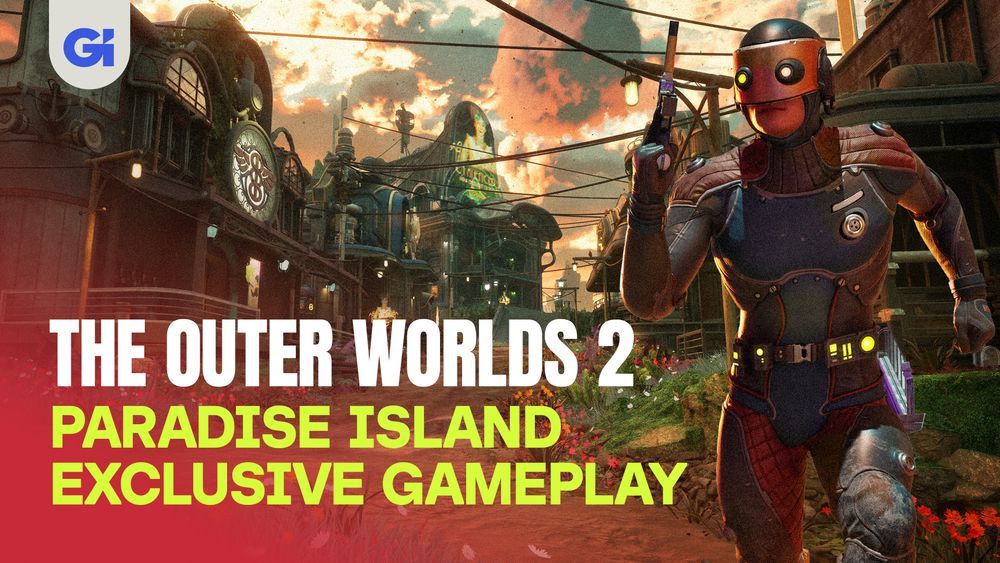 YouTube thumbnail stating: The Outer Worlds 2 Paradise Island Exclusive Gameplay
The image features a frontier-like town with a character in the foreground decked out in tech wear, including a helmet with a shielded face band. 
