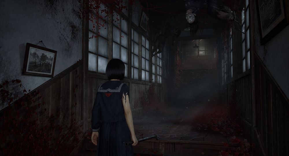 Silent Hill f screenshot of Hinako exploring a creepy hallway.