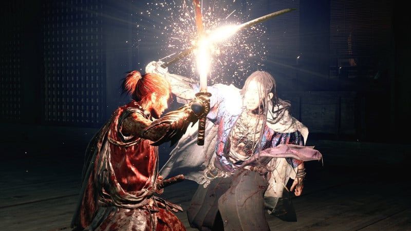 Onimusha: Way of the Sword screenshot of Miyamoto Musashi in a sword duel with Sasaki Ganryu