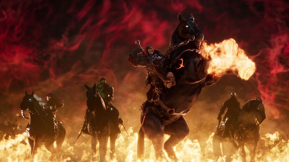 Darksiders 4 trailer screenshot featuring War, Death, Fury, and Strife. 