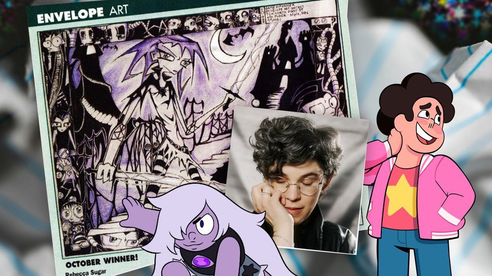 A collage featuring Steven Universe assets, Rebecca Sugar, and fan art from Rebecca Sugar that appeared in a 2002 issue of Game Informer magazine.