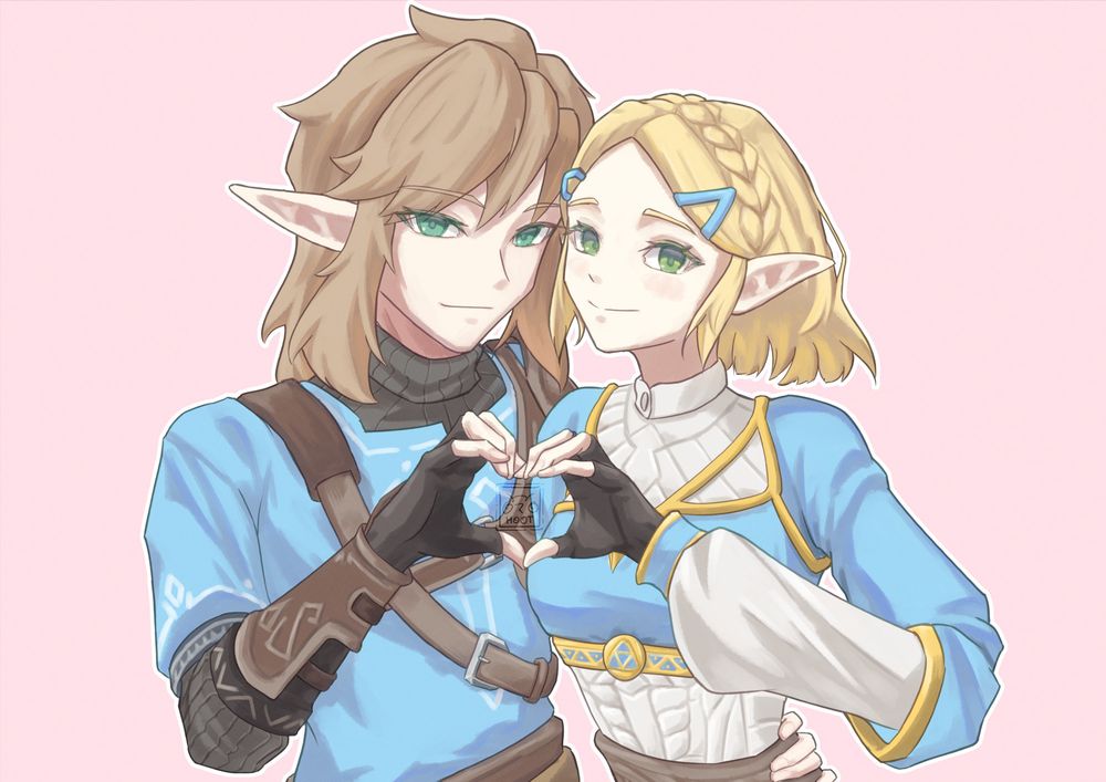Zelink Fanart for Valentine's Day

Zelda and Link forming a heart sign with their hands.